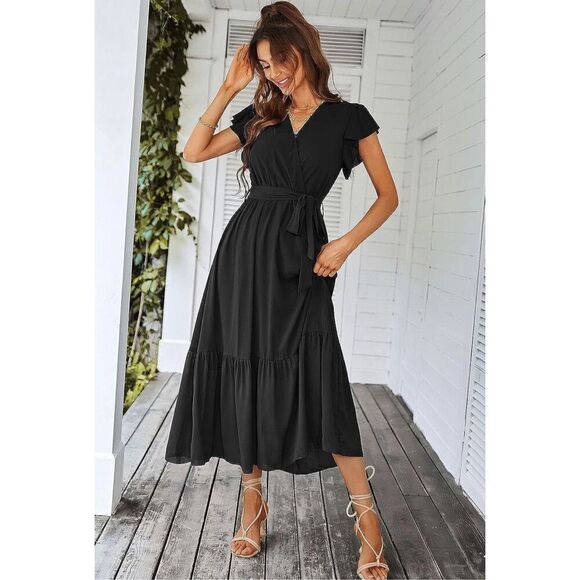 NEW PRETTYGARDEN Dress Wrap V Neck Ruffle Hem L NO BELT - Picture 2 of 5